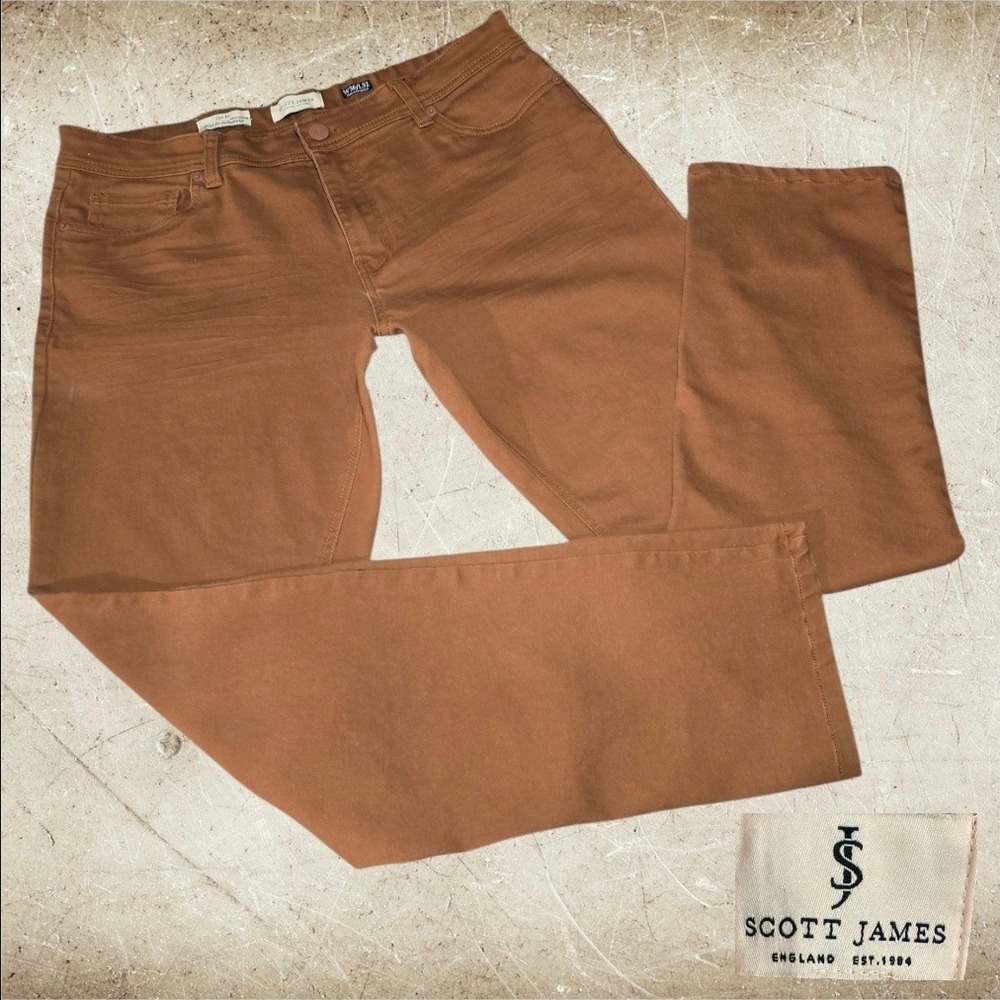 Scott James Slim‎ Fit Pants Mens Stretch Chino Tobacco Brown W36 L30.5 Actual